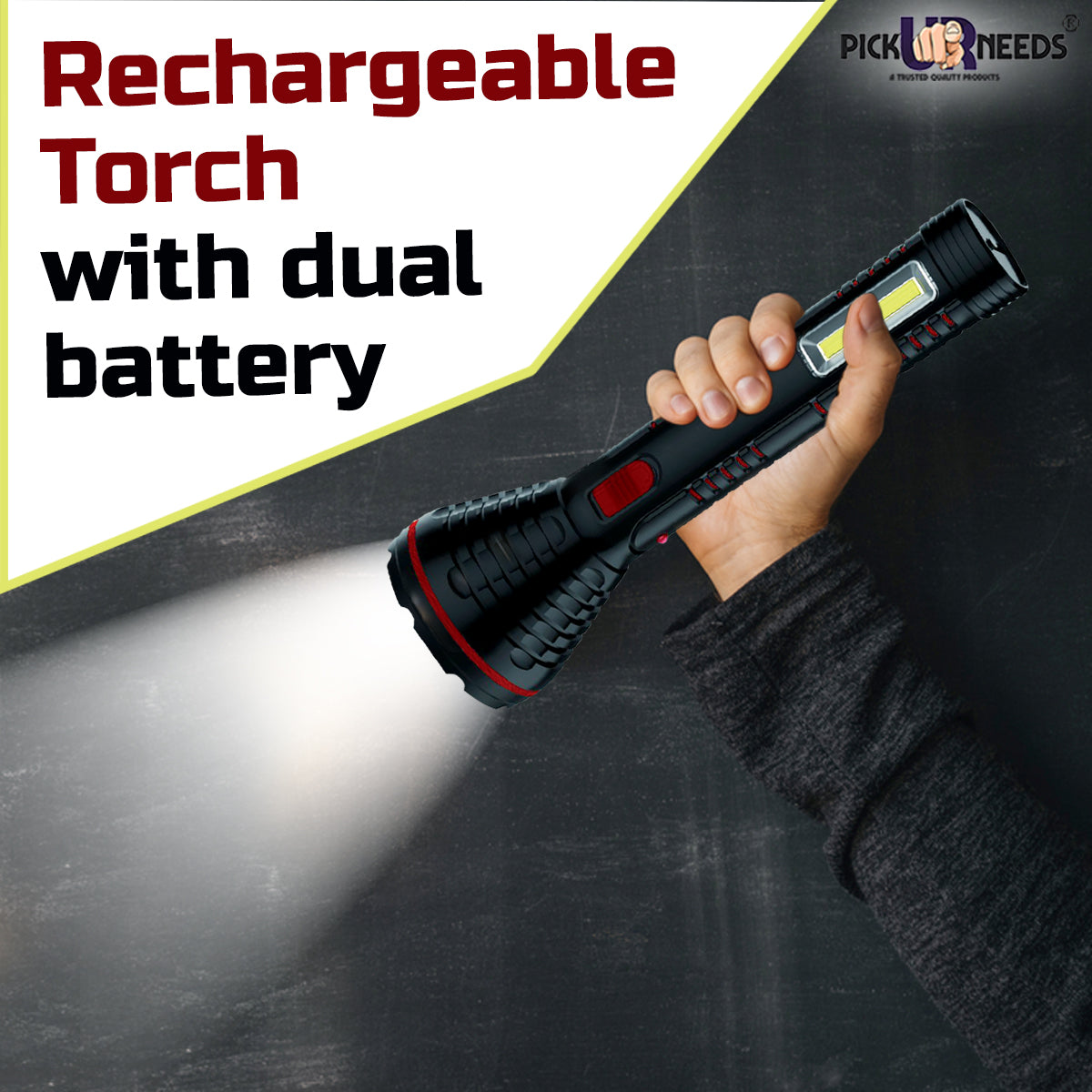 Pick Ur Needs Dual Power 2 in 1 Led 20 Watt Rechargeable Torch Light Long Range with Dual Battery Backup